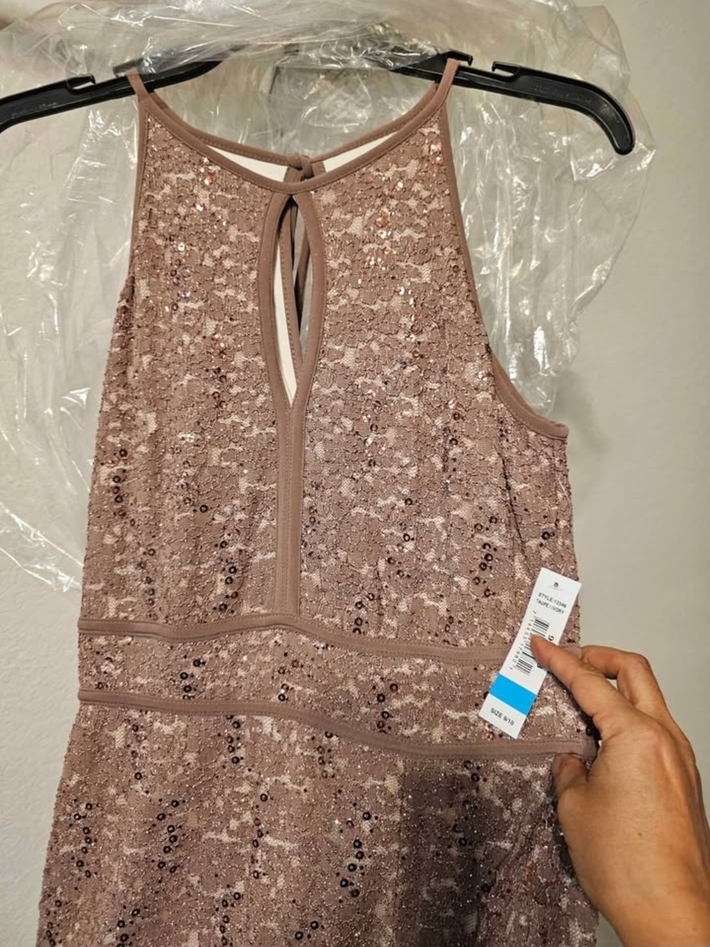 Morgan & Co. Sequined Halter Prom Dress - Rose Taupe